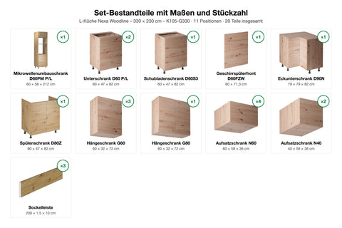 L-Küche Nexa Woodline – 330 × 230 cm – K105-G330 – Set-Bestandteile mit Maßen und Stückzahl