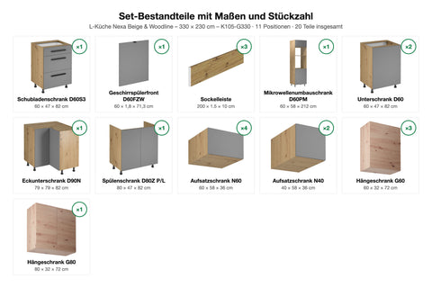 L-Küche Nexa Beige & Woodline – 330 × 230 cm – K105-G330 – Set-Bestandteile mit Maßen und Stückzahl