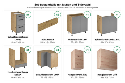 L-Küche Nexa Beige & Woodline – 270 × 170 cm – K99-G270 – Set-Bestandteile mit Maßen und Stückzahl