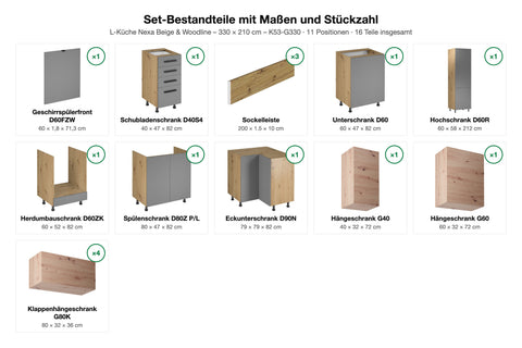 L-Küche Nexa Beige & Woodline – 330 × 210 cm – K53-G330 – Set-Bestandteile mit Maßen und Stückzahl