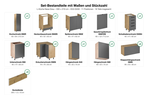 L-Küche Nexa Grau – 330 × 210 cm – K53-G330 – Set-Bestandteile mit Maßen und Stückzahl