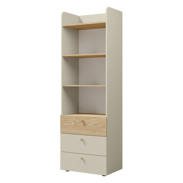 Yuki Hochregal schmal 60 cm mit 3 Schubladen und offenen Fächern – Graubeige / Eiche geölt