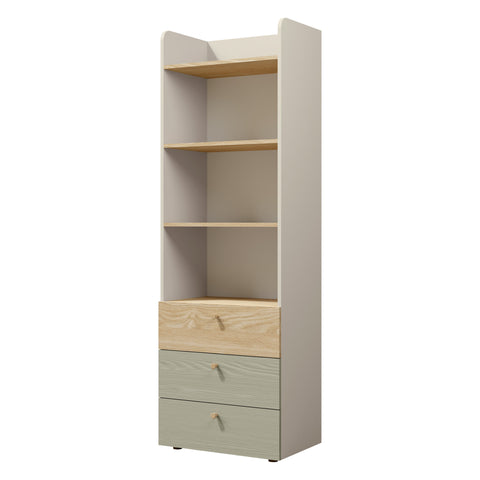 Yuki Hochregal schmal 60 cm mit 3 Schubladen und offenen Fächern – Graubeige / Eiche geölt