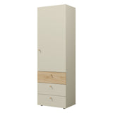 Yuki Hochschrank schmal (Halbschrank) mit Tür und Schubladen in Graubeige / Eiche geölt