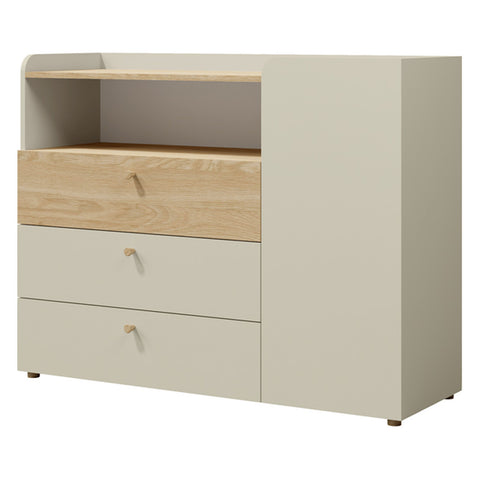 Yuki Kommode mit Tür, Schubladen und offenem Fach in Graubeige / Eiche geölt