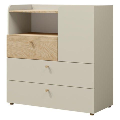 Yuki Kommode 90 cm mit 1 Tür, 3 Schubladen und offenem Fach – Graubeige / Eiche geölt