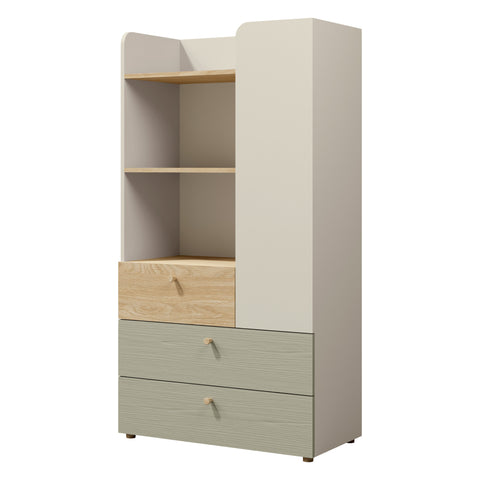 Yuki Regal mittelhoch mit Tür und Schubladen in Graubeige / Eiche geölt / Eukalyptus