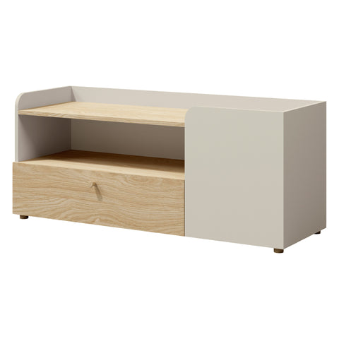 Yuki TV-Möbel 120 cm mit 1 Tür, 1 Schublade und offenem Fach – Graubeige / Eiche geölt