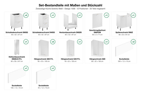 Set-Bestandteile mit Maßen und Stückzahl – Zweizeilige Küche Sorento Weiß – 300 + 240 cm – KÜ-SORE-004